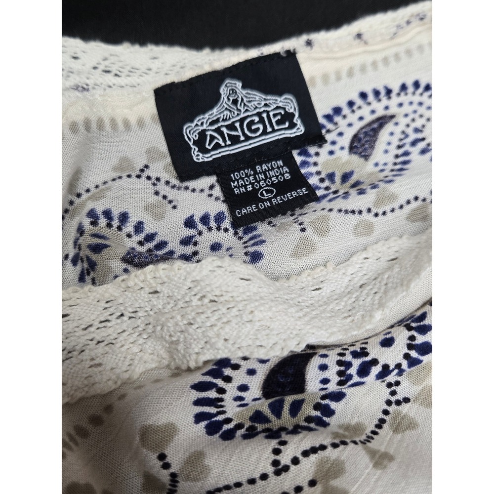 Angie Midi Dress Large Cream Navy Paisley Crochet Lace Trim Tiered Boho Peasant - Picture 2 of 10